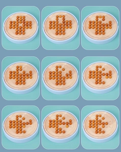 Step-by-step macro sequence showing wooden peg solitaire gameplay on a blue base