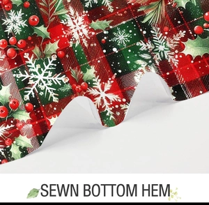 Detail of sewn bottom hem on Christmas plaid fabric shower curtain with holly pattern