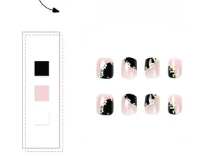 Détail de différentes tailles de faux ongles avec motifs de fleurs noires, roses et blanches
