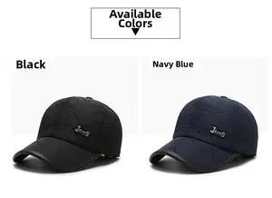 Close-up of quilted baseball caps in black and navy blue with JEANS metal logo detail