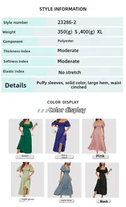 Guide des tailles et couleurs pour robe trapèze unie avec manches bouffantes et taille haute