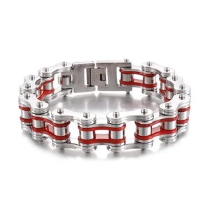 Hardcore motorcycle chain bracelet in silver and red stainless steel for street style