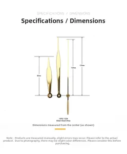 Detailed size chart for 1093 gold high-gloss mirror quartz clock hands with dimensions