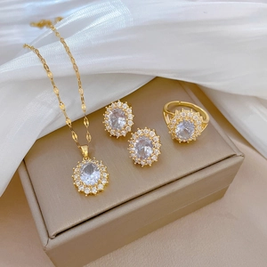 Elegant Gold Plated Necklace Earrings And Ring Jewelry With Oval Zircon Halo Stainless Steel Copper For Women