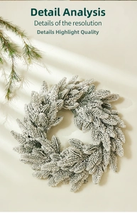 Close-up of 40cm flocked Christmas wreath with PE pine needles and realistic faux snow texture