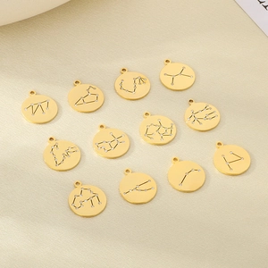 Detail of twelve 18K gold plated stainless steel zodiac pendants with small sparkling crystals
