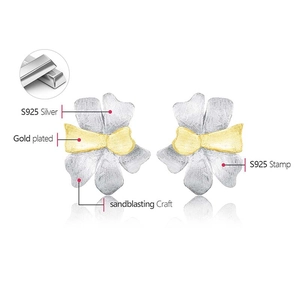 Detail view of S925 sterling silver petal earrings with sandblasting craft and gold plating