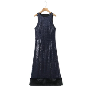 Sleeveless navy sequin dress for women featuring a faux fur hem on a white background