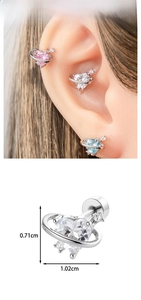 Detail view of heart planet earrings with zircon showing dimensions 1.02cm by 0.71cm