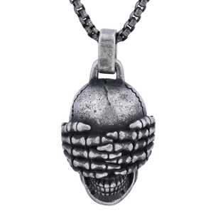 Gothic vintage silver skull pendant necklace with hands covering eyes in punk style