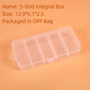 Detailed view of a 5-compartment clear plastic storage box with snap closure for small parts