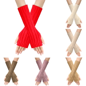 Long fingerless knit arm warmers with cable pattern in various solid colors