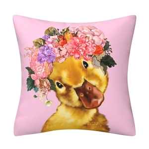 Detail of pink pillowcase featuring an oil painting style duck with a flower crown
