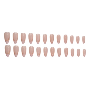 Long almond press-on nails with pale pink base, gold marble patterns and glitter finish