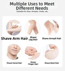 Detail guide showing safety eyebrow razor application on face, arms, legs and body areas