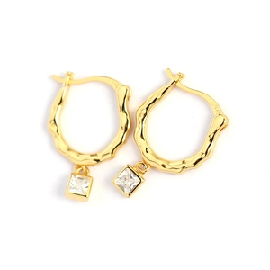 Irregular textured gold S925 silver hoop earrings with a square zircon pendant