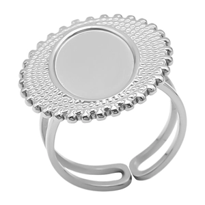 Macro detail of silver adjustable oval ring with elegant beaded edge and double band