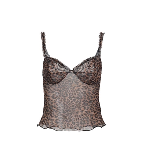Sexys Damen-Camisole mit Leopardenmuster, Rüschenbesatz und Netzstoff auf weißem Grund