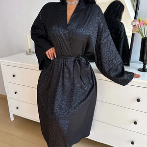 Elegant black leopard jacquard satin robe with waist tie and V-neck long sleeves