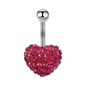 Detail shot of heart-shaped belly button ring with pink rhinestones on a silver bar