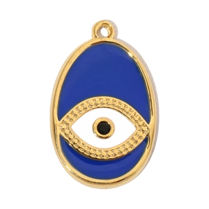 Detailed view of an oval blue enamel evil eye pendant with gold stainless steel finish