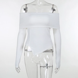 Detail of white off-the-shoulder long sleeve top with asymmetric cross hem design