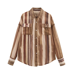 Blusa In Chiffon A Righe Da Donna Manica Lunga Colletto A Revers Camicia Bottonata Con Tasche Top Casual Ampio