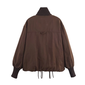 Back view of a deep brown loose long-sleeve jacket with ribbed collar and drawstring hem