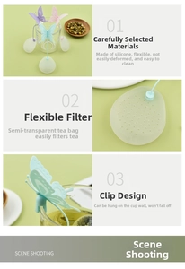 Detail showing colorful butterfly silicone tea strainers with clips for cup edges