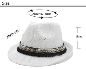 Size chart showing dimensions of the hollow knit jazz hat with ethnic style ribbon
