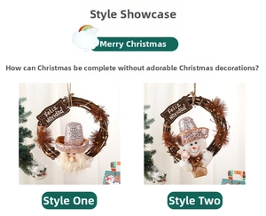Detail of Christmas wreath hangings with Santa and Snowman plush on grapevine base