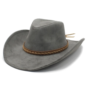 Classic gray wide brim western cowboy hat with brown braided leather band and tassels