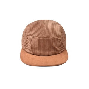Vintage brown corduroy 5-panel baseball cap with a soft brim and suede texture