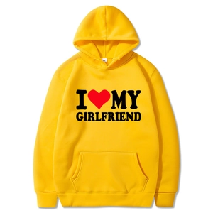 Yellow unisex hoodie with black I Love My Girlfriend print and front pocket design
