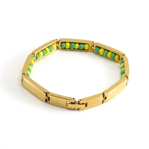 Detail view of 8mm stainless steel beaded bracelet showing dimensions 21cm and 26g weight
