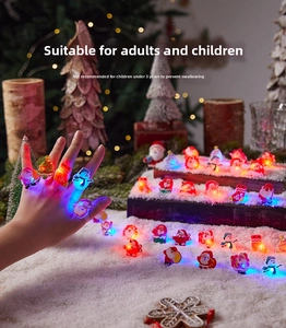 Close-up of LED glowing Christmas rings featuring Santa Claus and snowman shapes