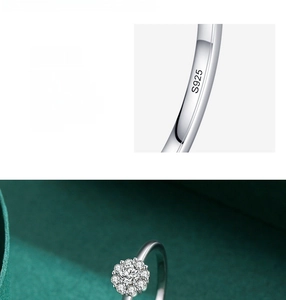 Detailed macro view of S925 hallmark on silver flower ring with zircon cluster