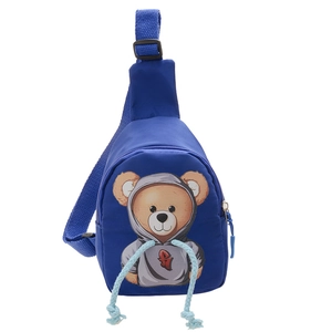 Blue kids nylon chest bag with cute cartoon bear and decorative light blue drawstrings
