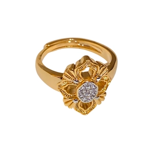 Retro 24K gold plated hollow flower open ring with sparkling zircon center stones