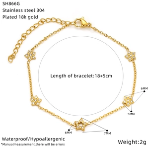 Detailed view of 18k gold plated star bracelet showing length and pendant size specs