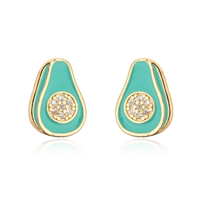 Détail de boucles d'oreilles avocat en or 18 carats avec émail et pierres zircons