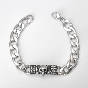 Silver stainless steel cuban chain bracelet with skull and iron cross plaque charm