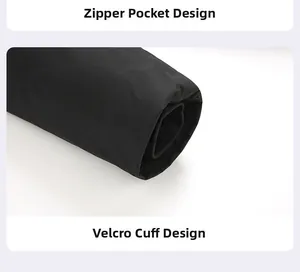 Detail showing windproof synthetic fabric with adjustable velcro cuffs and zipper pockets