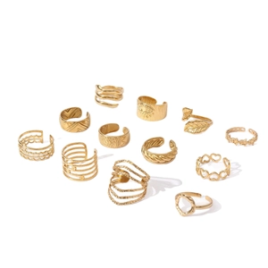 12pcs gold plated ring set featuring heart, star, and geometric bohemian style designs