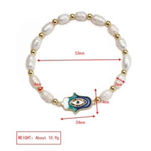 Detailed view of Evil Eye Hamsa charm bracelet with freshwater pearls and size dimensions