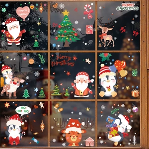 Festive Christmas window stickers with Santa and reindeer on a warm wooden window pane
