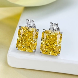 Luxury S925 sterling silver stud earrings with radiant cut yellow diamonds and white accents