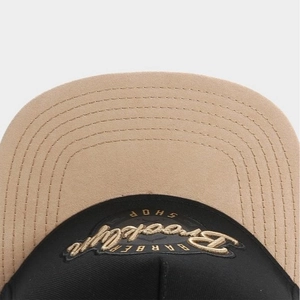 Brooklyn Barber Shop snapback hat in black with khaki brim and 3D embroidery detail