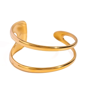 Bracelet jonc doré poli à double couche avec des lignes courbes parallèles épurées
