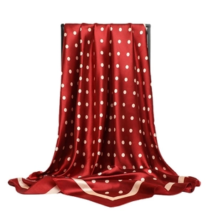 Deep red polka dot silk satin square scarf with beige border stripes for women
